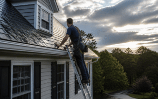 Licensed roofer on a ladder inspecting a wet asphalt shingle roof the morning after a thunderstorm in the Northeast